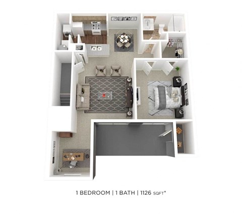 a 3d floor plan of a 1 bedroom apartment